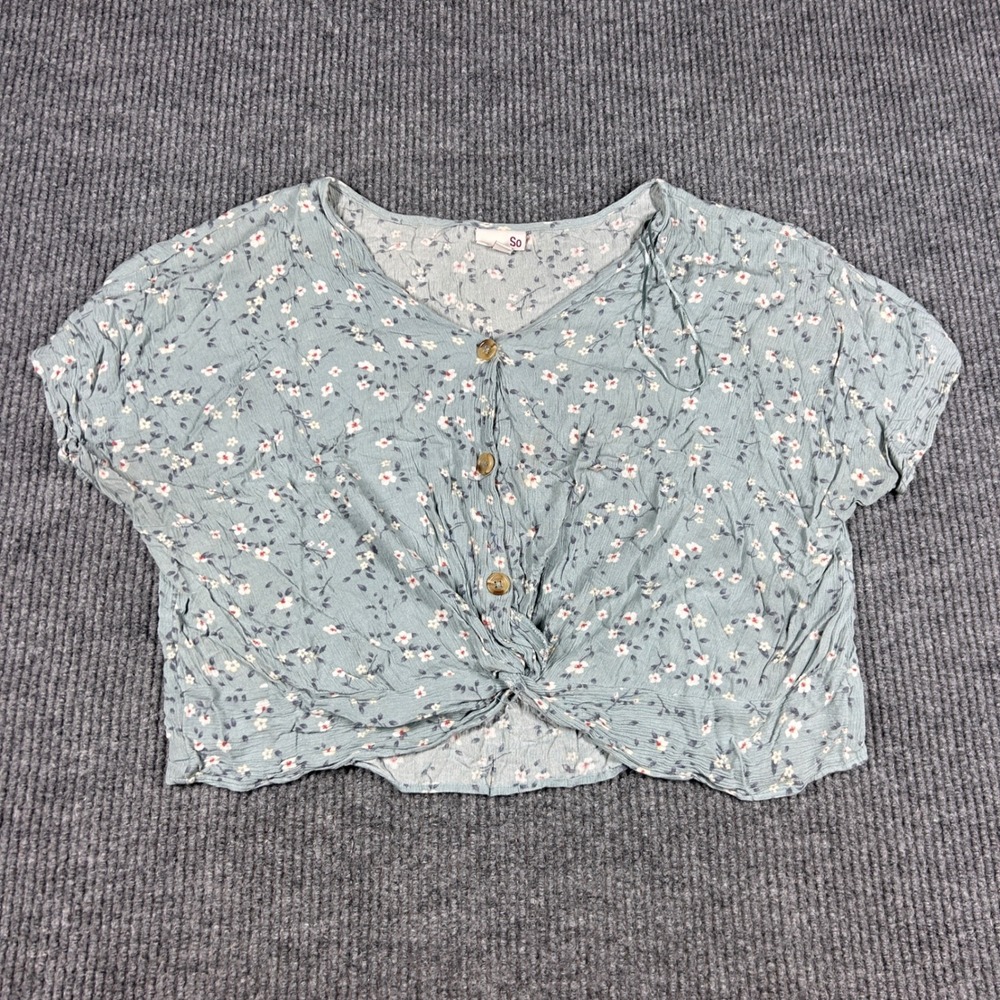 SO Blouse Women's XL Floral Button Front Twist Hem Crop Top Blue Short Sleeve